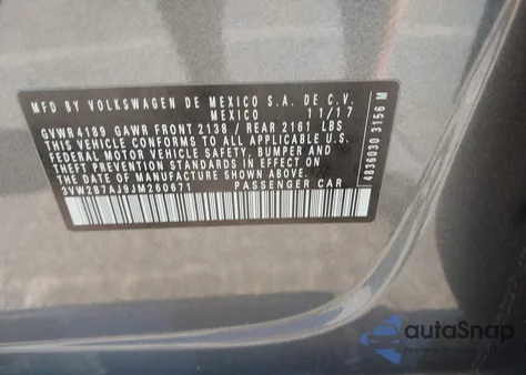 2018 Volkswagen Jetta 1.4T S из США, поврежденный, VIN 3VW2B7AJ9JM260671